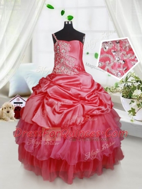Chic Ruffled Floor Length Ball Gowns Sleeveless Red Kids Formal Wear Lace Up