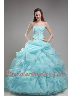 Baby Blue Ball Gown Strapless Floor-length Orangza Quinceanera Dress with Beading and Ruffles