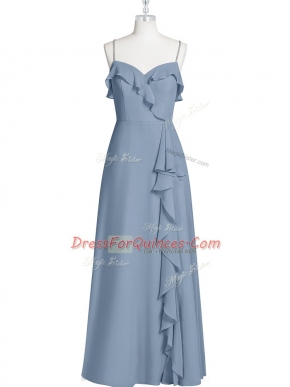 Hot Selling Chiffon Spaghetti Straps Sleeveless Zipper Ruching Prom Dresses in Blue