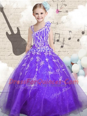 Luxury Floor Length Lilac Little Girls Pageant Gowns Organza Sleeveless Beading and Appliques and Hand Made Flower