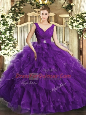 Sumptuous Purple 15th Birthday Dress Sweet 16 and Quinceanera with Beading and Ruffles V-neck Sleeveless Backless