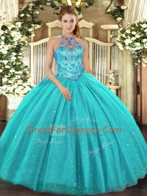 Aqua Blue Sleeveless Floor Length Beading and Embroidery Lace Up Vestidos de Quinceanera
