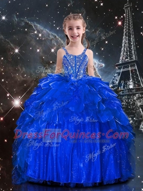 Sexy Floor Length Royal Blue Flower Girl Dress Spaghetti Straps Sleeveless Lace Up