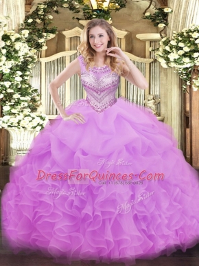 Fine Lilac Organza Lace Up Scoop Sleeveless Floor Length Sweet 16 Dresses Beading and Ruffles and Pick Ups