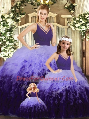 Sleeveless Tulle Floor Length Backless Sweet 16 Dress in Multi-color with Ruffles and Ruching