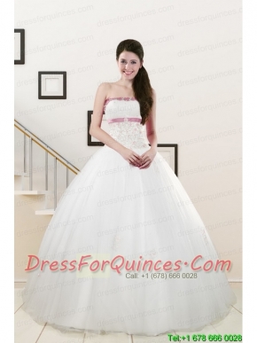 2015 Discount Strapless Appliques and Belt Quinceanera Dresses in White