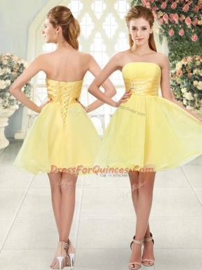 Fantastic Sleeveless Organza Mini Length Lace Up Evening Dress in Yellow with Beading