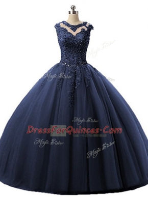 Luxury Floor Length Ball Gowns Sleeveless Navy Blue Vestidos de Quinceanera Lace Up
