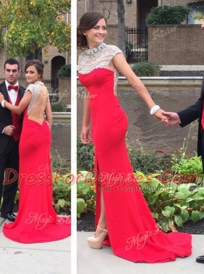High End High-neck Cap Sleeves Court Train Backless Prom Gown Coral Red Chiffon