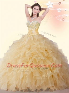 Gold Ball Gowns Sweetheart Sleeveless Organza Floor Length Lace Up Beading and Ruffles 15th Birthday Dress