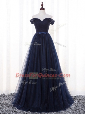 Navy Blue Sleeveless Belt Floor Length Vestidos de Damas
