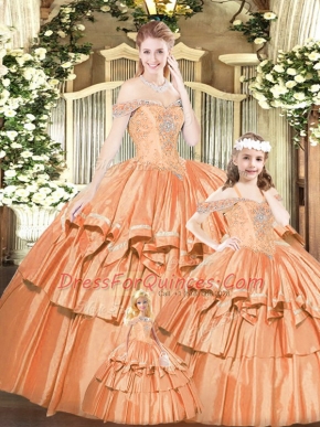 Rust Red Tulle Lace Up Off The Shoulder Sleeveless Floor Length Quinceanera Gowns Beading and Ruffles