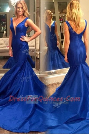 Great Mermaid Royal Blue Dress for Prom Prom and For with Pleated V-neck Sleeveless Court Train Zipper
