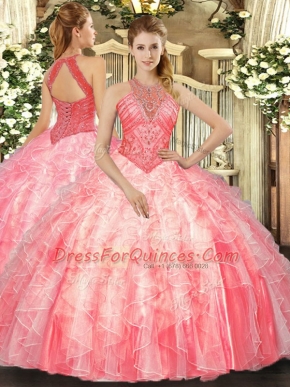 Romantic High-neck Sleeveless Sweet 16 Dress Floor Length Beading and Ruffles Watermelon Red Organza