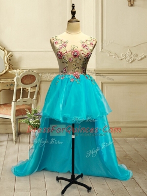 Baby Blue Scoop Neckline Embroidery Prom Gown Sleeveless Lace Up