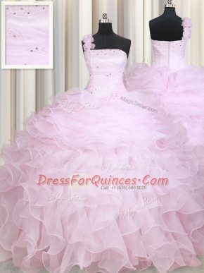 One Shoulder Baby Pink Sleeveless Floor Length Beading and Ruffles Zipper Quinceanera Dresses