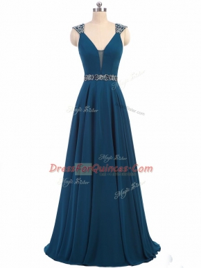 Teal Chiffon Lace Up V-neck Cap Sleeves Floor Length Beading