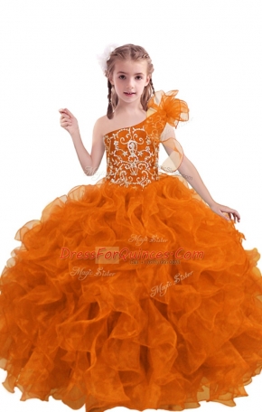 Nice Floor Length Orange Red Kids Pageant Dress One Shoulder Sleeveless Lace Up