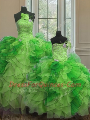 Strapless Sleeveless Quinceanera Gown Floor Length Beading and Ruffles Multi-color Organza