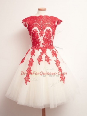 Super Sleeveless Mini Length Appliques Lace Up Court Dresses for Sweet 16 with White And Red