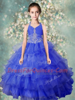 Fantastic Baby Blue Zipper Halter Top Beading and Ruffled Layers Child Pageant Dress Organza Sleeveless