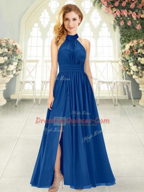 Glamorous Sleeveless Chiffon Ankle Length Zipper Womens Party Dresses in Blue with Ruching
