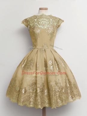 Gorgeous Knee Length Brown Quinceanera Court Dresses Tulle Cap Sleeves Lace
