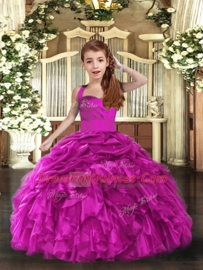 Unique Fuchsia Child Pageant Dress Party and Sweet 16 and Wedding Party with Ruffles Straps Sleeveless Lace Up