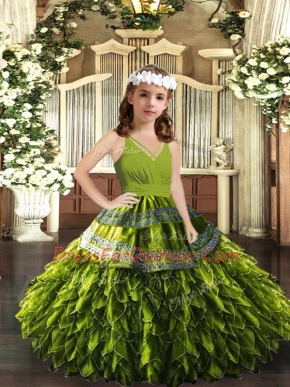 Olive Green Ball Gowns Organza V-neck Sleeveless Appliques and Ruffles Floor Length Zipper Pageant Gowns