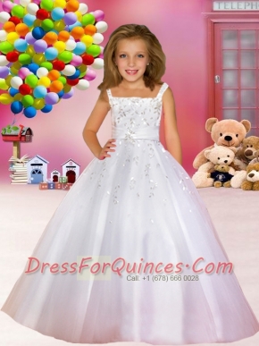 Simple Appliques A-Line Straps Floor-length Flower Girl Dress for 2014