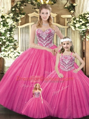 Ball Gowns Ball Gown Prom Dress Hot Pink Sweetheart Tulle Sleeveless Floor Length Lace Up