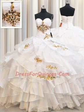 Ideal Sleeveless Floor Length Beading and Ruffled Layers Lace Up Ball Gown Prom Dress with White