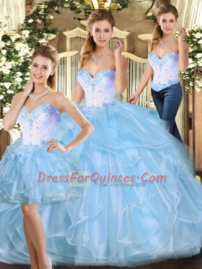Blue Sleeveless Floor Length Beading and Ruffles Lace Up Quinceanera Gowns