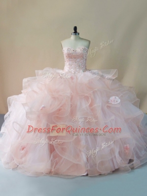 Extravagant Pink Lace Up 15th Birthday Dress Beading and Ruffles and Hand Made Flower Sleeveless Brush Train