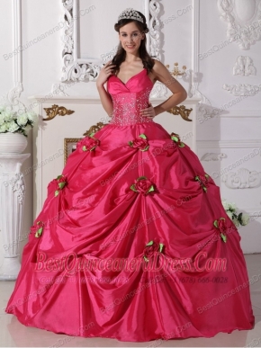 Hot Pink Ball Gown Spaghetti Straps Floor-length Taffeta Beading Quinceanera Dress