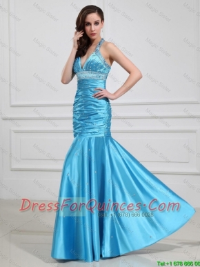 Sweet Mermaid Halter Top Prom Dresses with Beading in Baby Blue