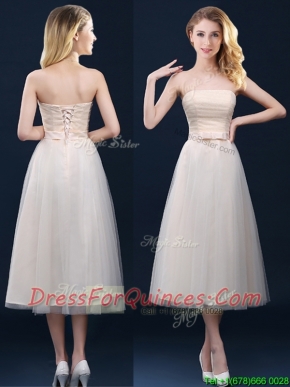 Low Price Strapless Belt Champagne Long Prom Dresses in Tulle