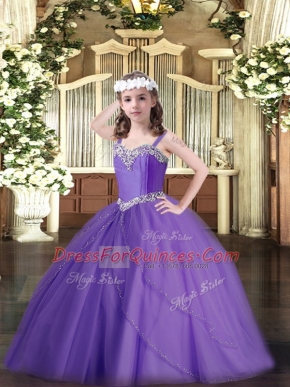 Straps Sleeveless Tulle Little Girls Pageant Dress Beading Sweep Train Lace Up