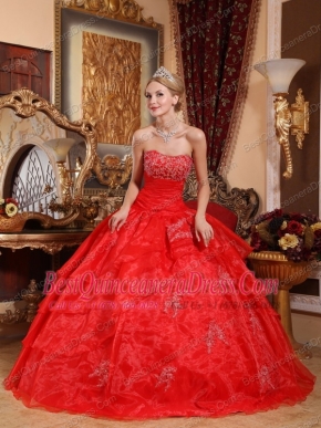 Red Ball Gown Strapless Floor-length Organza Appliques Quinceanera Dress