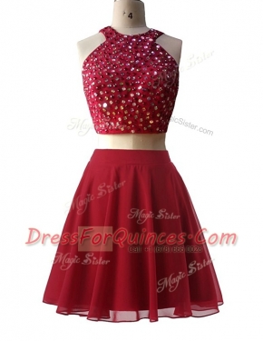 Sophisticated Wine Red A-line Chiffon Scoop Sleeveless Beading Knee Length Zipper Prom Gown