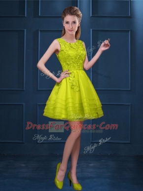 High End Yellow Green Sleeveless Lace and Ruffled Layers Knee Length Quinceanera Court of Honor Dress