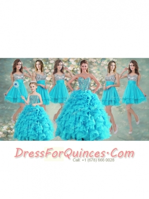 Visible Boning Aqua Blue Quinceanera Dress and Sequined Short  Dama Dresses Beaded and Ruffled Mini Quinceanera Dress