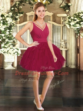 Mini Length Wine Red Homecoming Dress Tulle Sleeveless Ruffles