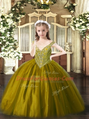 Ball Gowns Little Girls Pageant Gowns Brown V-neck Tulle Sleeveless Floor Length Lace Up