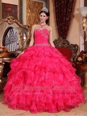 Coral Red Ball Gown Sweetheart Floor-length Organza Beading Quinceanera Dress
