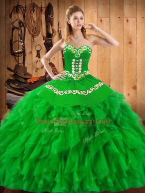 Green Satin and Organza Lace Up Sweetheart Sleeveless Floor Length Quinceanera Gowns Embroidery and Ruffles