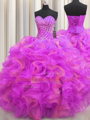 Floor Length Lace Up Sweet 16 Dress Multi-color for Military Ball and Sweet 16 and Quinceanera with Beading and Ruffles