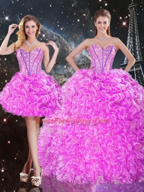 High Quality Sweetheart Sleeveless Sweet 16 Quinceanera Dress Floor Length Beading and Ruffles Fuchsia Organza
