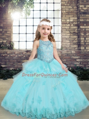 Latest Sleeveless Floor Length Beading and Lace and Appliques Lace Up Little Girls Pageant Dress with Aqua Blue