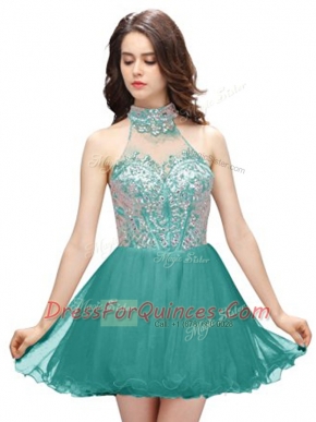 Fantastic Organza High-neck Sleeveless Zipper Beading Prom Gown in Teal